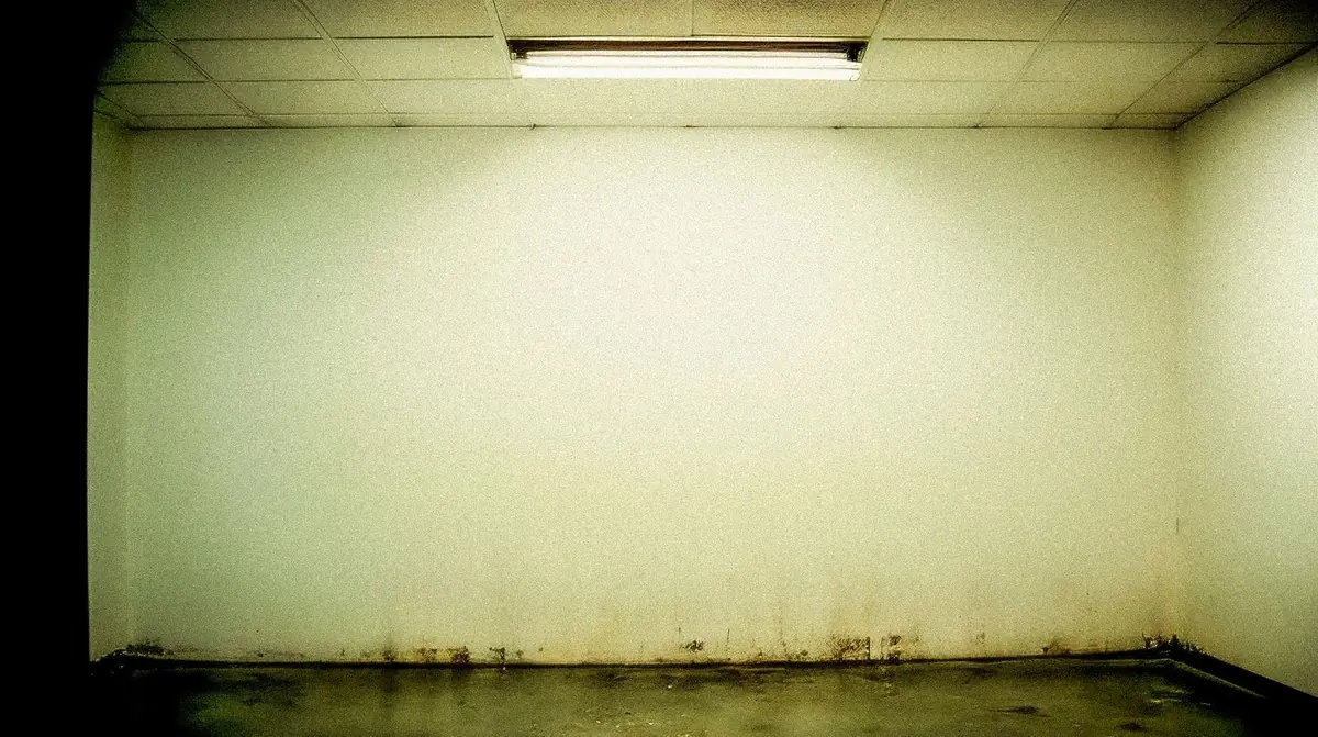 A damp room with moisture damage along the walls after standing water