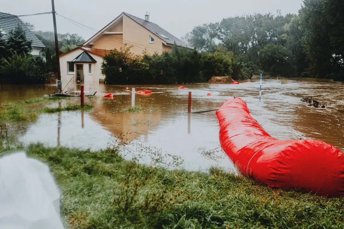 A water barrier holding back floodwater near Sherman, TX homes