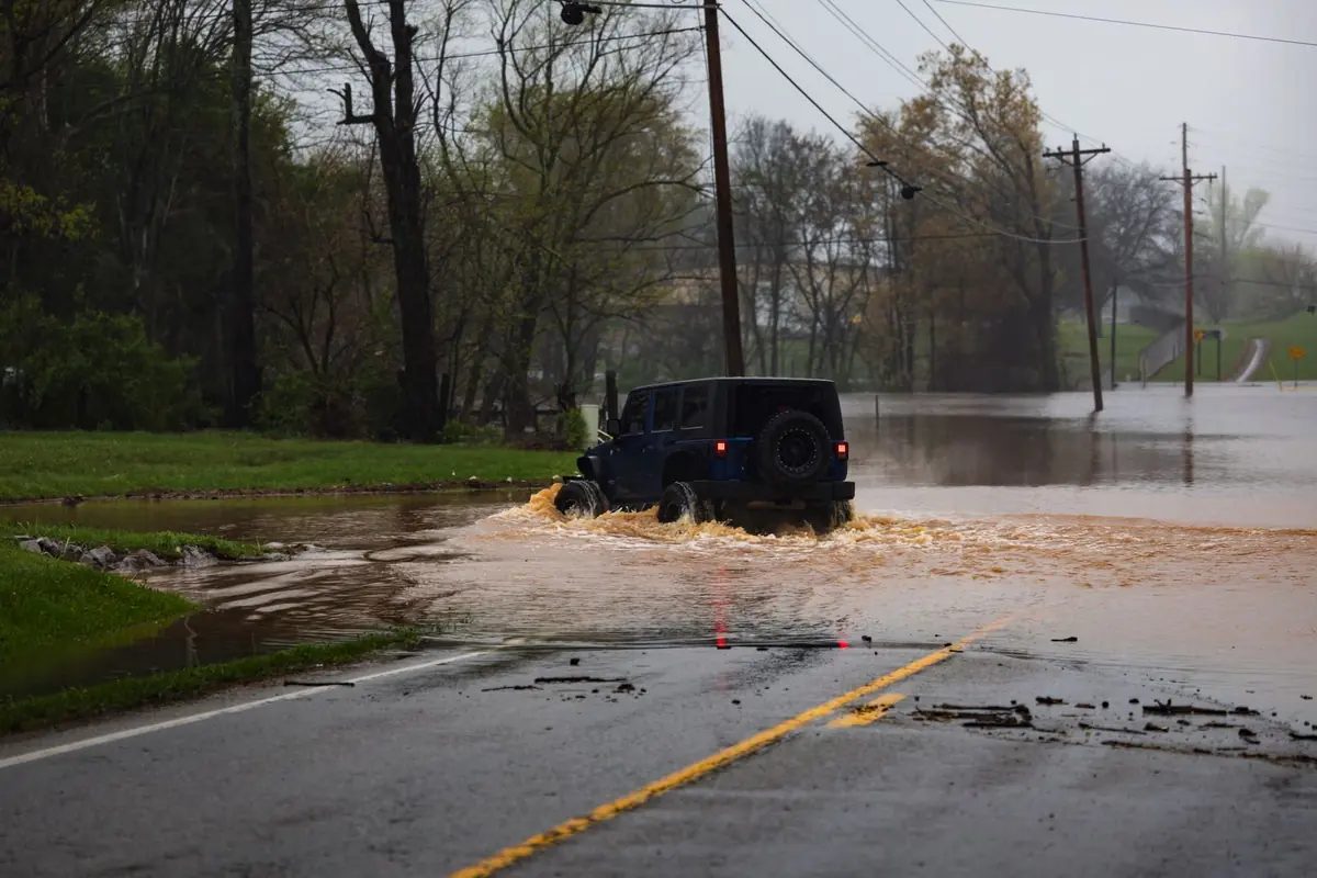 A flooded road after a storm near Sherman, TX