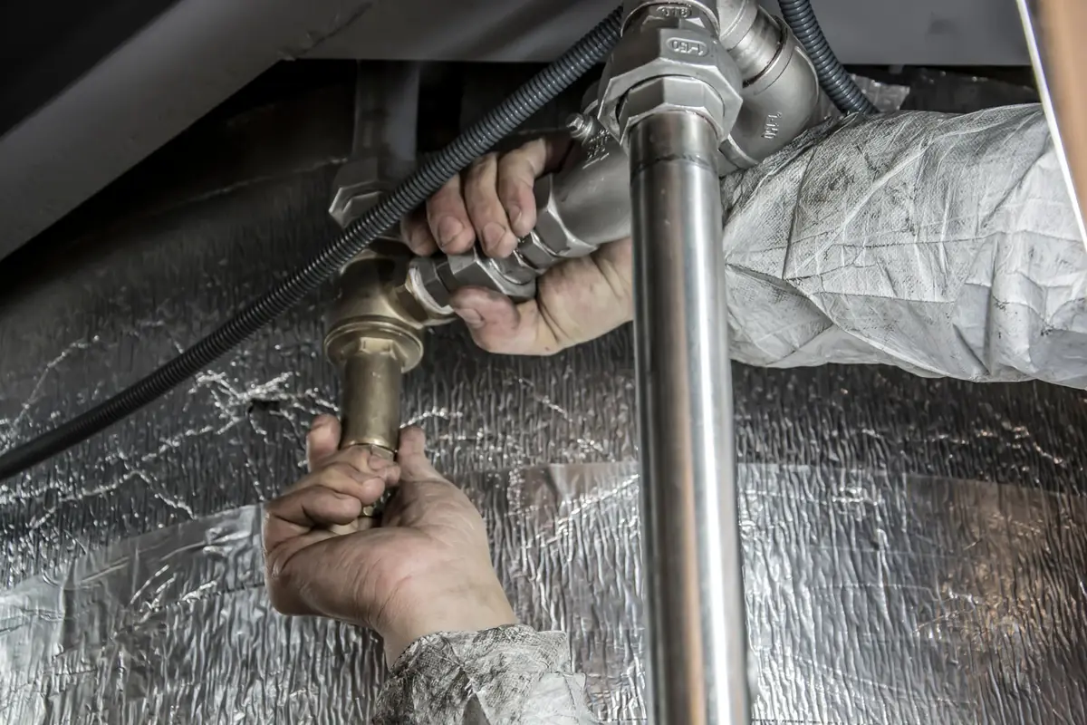 A plumber fitting washing machine supply hose connections