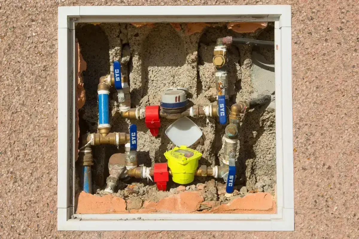 Water meters and shutoff valves set into a concrete wall in Sherman, TX